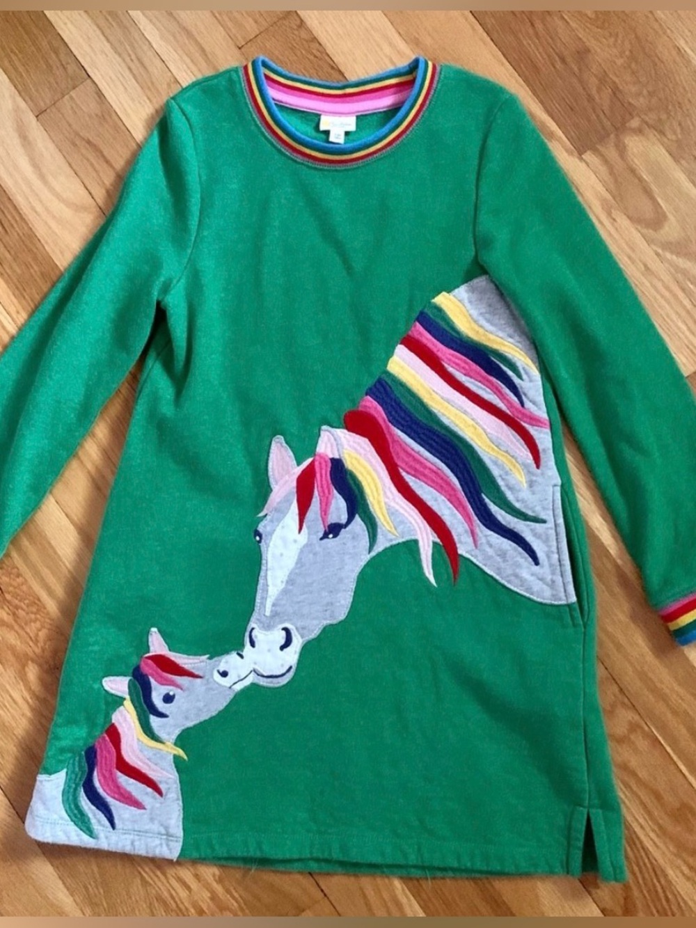 Mini Boden 7-8Y Rainbow Horse Cozy Sweatshirt Dress w/pockets